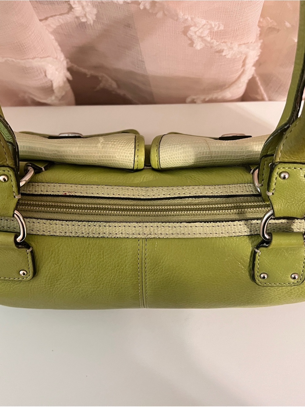 Fossil Genuine Leather Lime Green Shoulder Handbag w/ Matching Card Holder Y2K - Picture 5 of 10